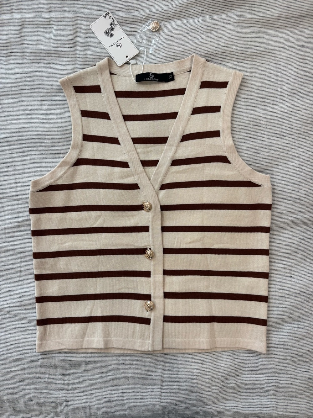 Sleeveless Beige and Brown Striped Button-Front Knit Vest